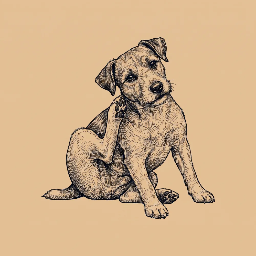 Handgezeichnete Illustration eines Hundes, der sich am Ohr kratzt