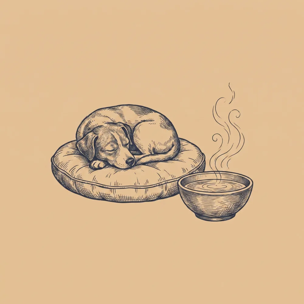 Handgezeichnete Illustration eines ruhenden Hundes neben einer Schüssel Brühe