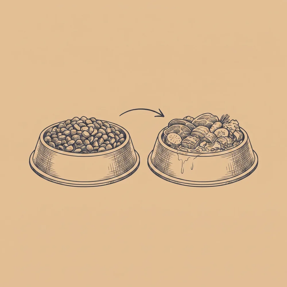 Handgezeichnete Illustration zweier Näpfe, die den Wechsel von Trockenfutter zu frischem Futter zeigen