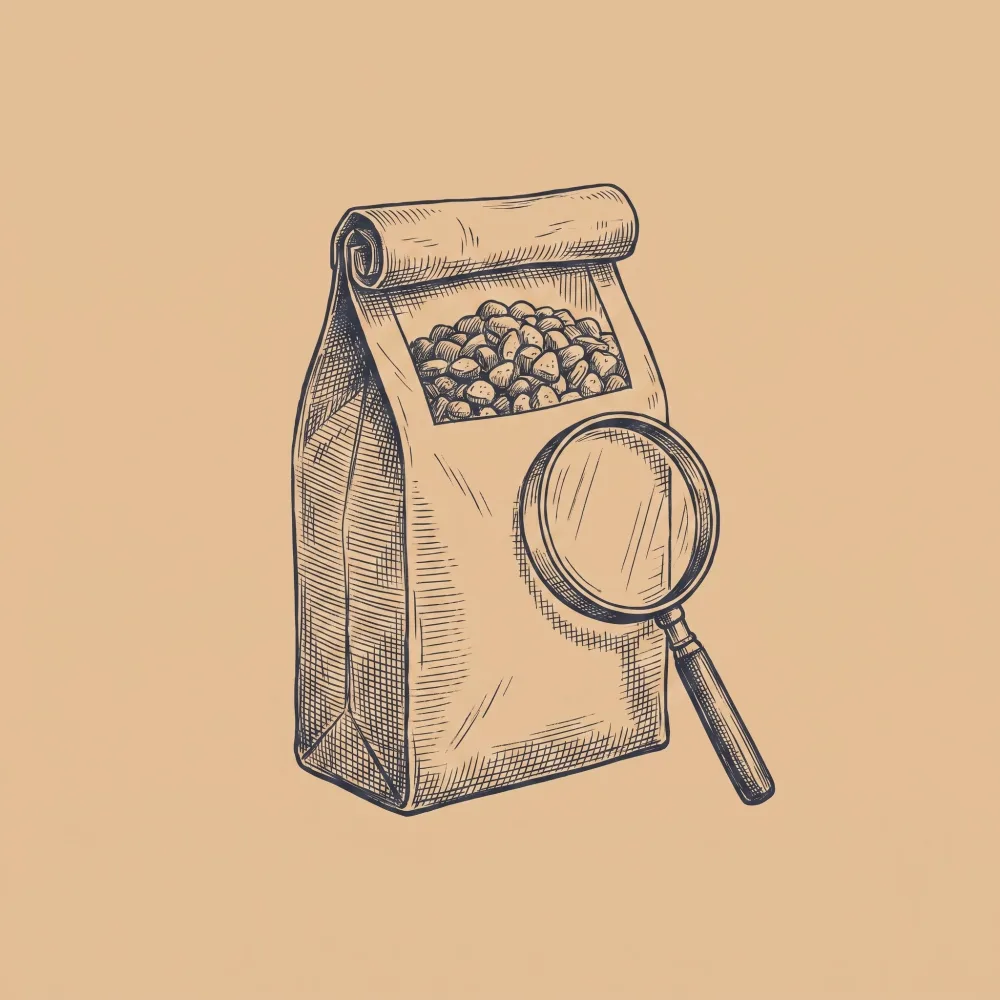 Handgezeichnete Illustration eines Futtersacks mit Lupe