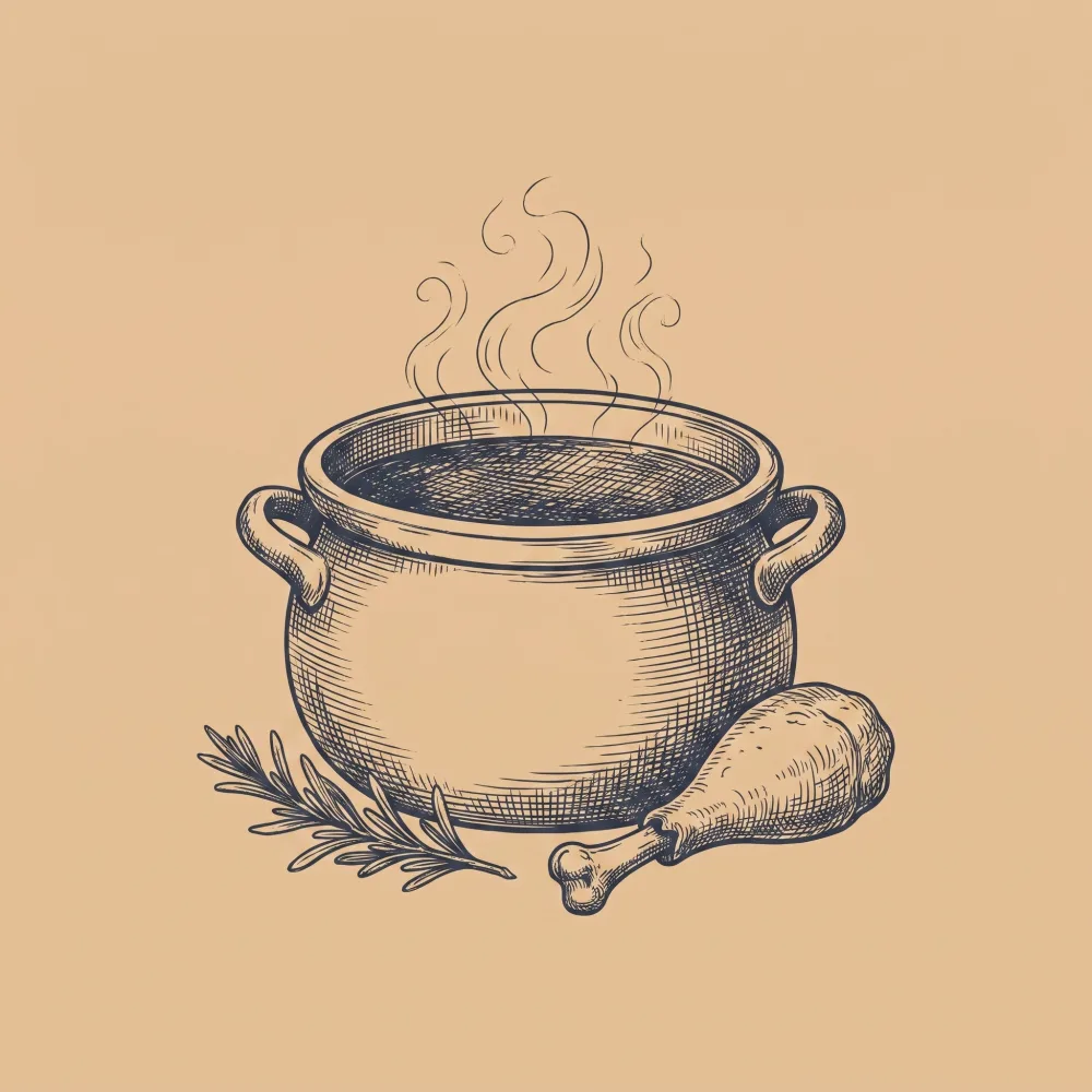 Handgezeichnete Illustration eines dampfenden Topfs Hühnerbrühe