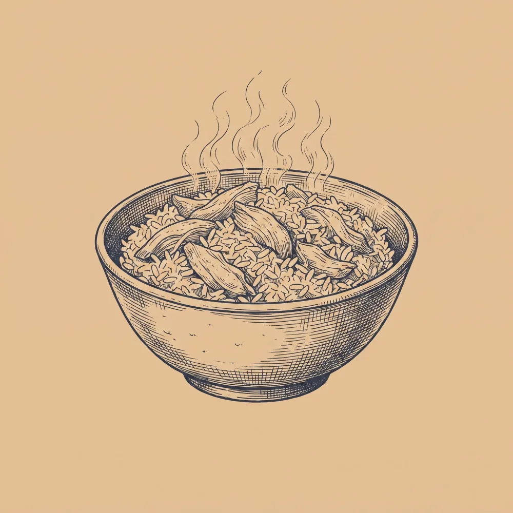 Handgezeichnete Illustration einer Schüssel mit Hühnchen und Reis