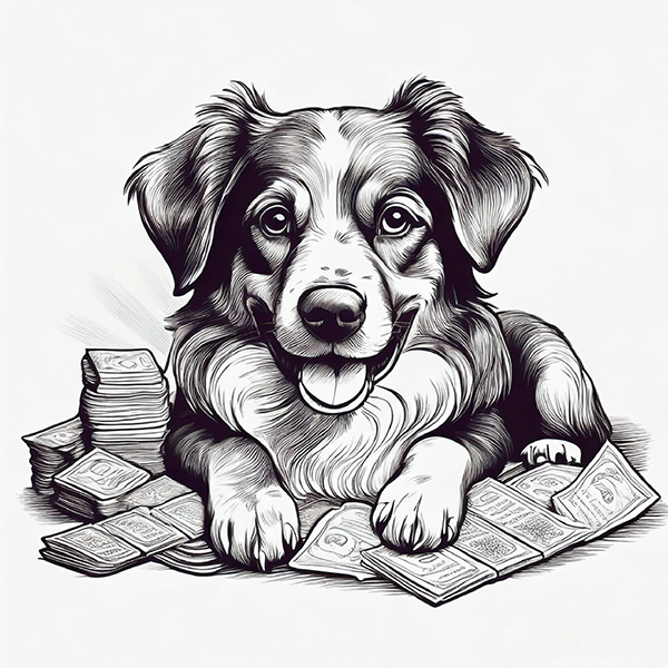 Hund der in einem Haufen Geld liegt